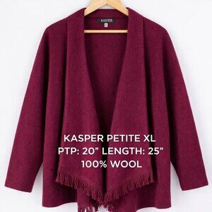 Kasper Petite XL 100%  Wool-Blend Fringe Open-Front Cardigan Jacket (Burgundy)